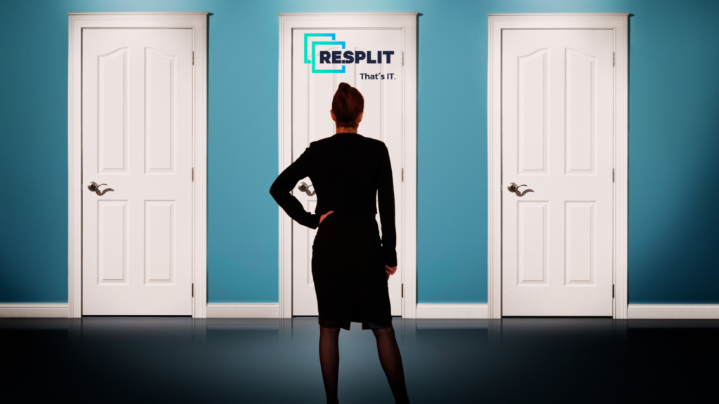 A business woman stands in front of three closed doors, considering her options. The middle door has the ReSplit logo, signifying their expertise in helping individuals make informed decisions.
