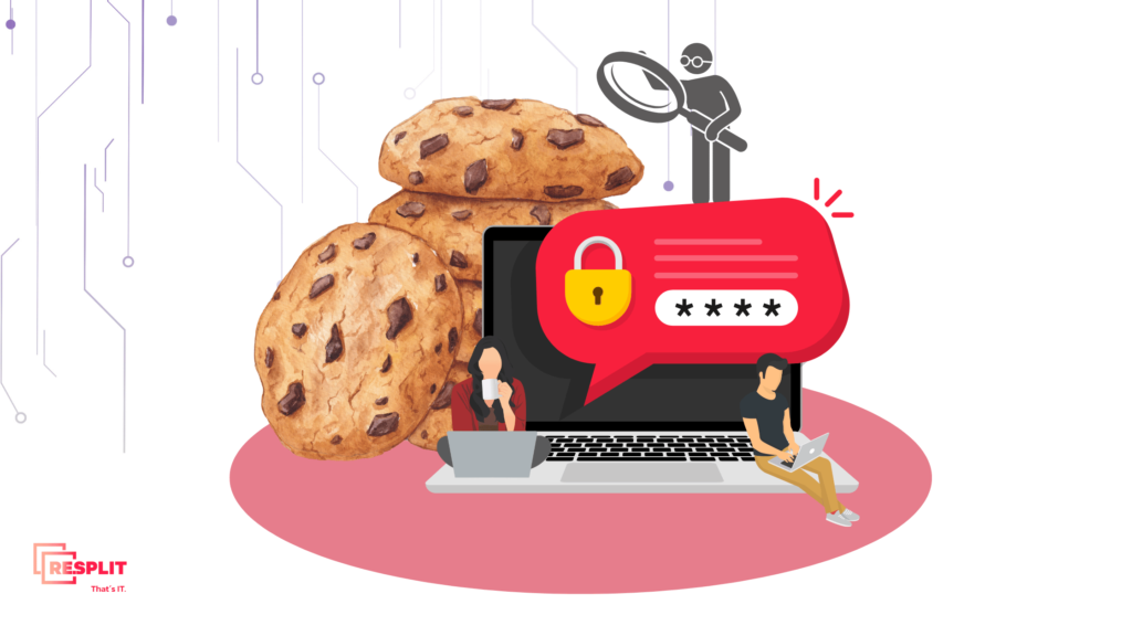 In center is big laptop and behind him four big cookies. A woman and a man are working on their laptops while sitting on big one unaware of temptation behind them. One guy is  inspecting the cookies with a magnifying glass.