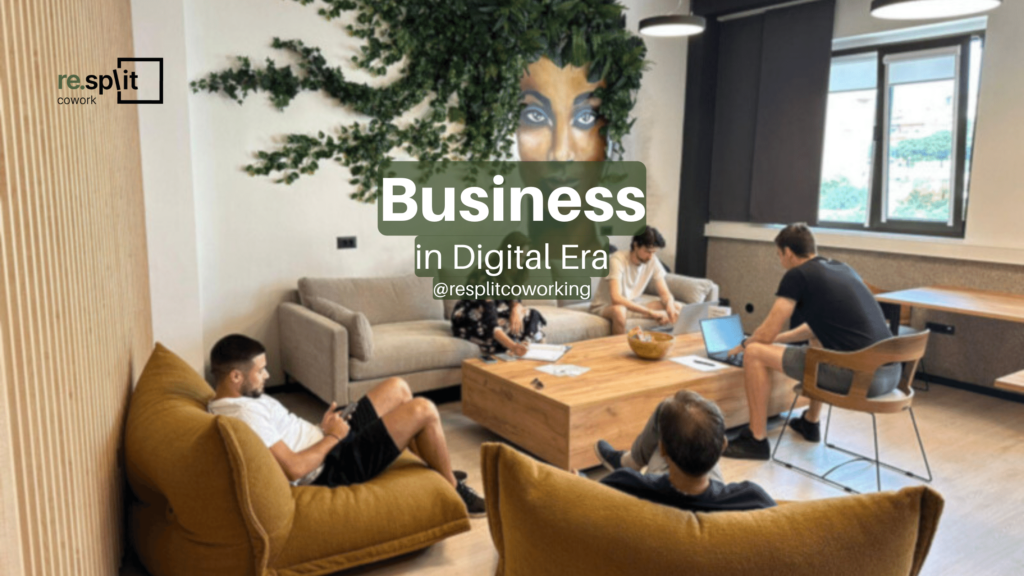 A photo of a coworking space in Split, Croatia. People are working, relaxing, and using their phones in a comfortable and stylish space. A graffiti portrait of a woman with flowers for hair adds a touch of creativity to the space. The text "business in the digital era" and "@resplitcoworking" are also visible.