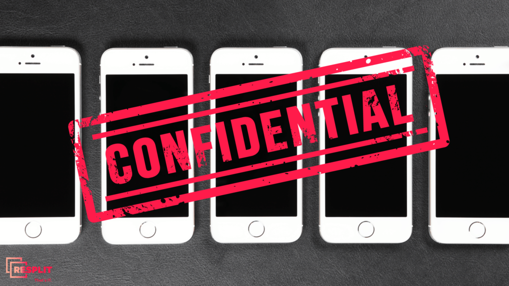Row of iPhones on black background with red "Confidential" stamp. Illustration for blog on lawsuit against Apple for alleged App Store anti-competitive practices.